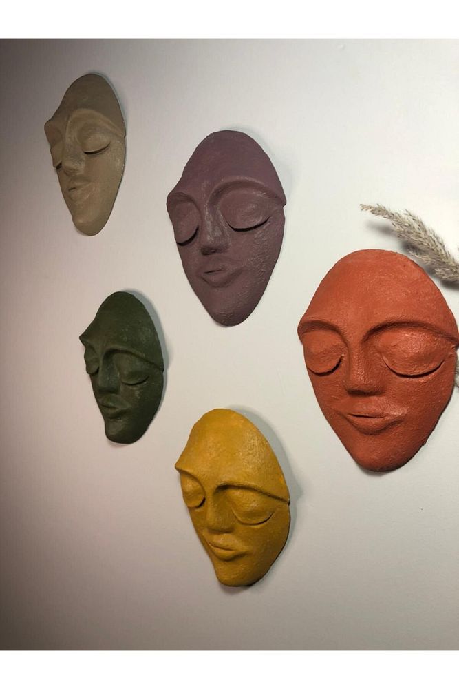 El Yapımı Duvar Maskları 5'li Set, Canlı Renklerle Boyalı Sakin Yüz Maskeleri, Duvar Dekor Objesi