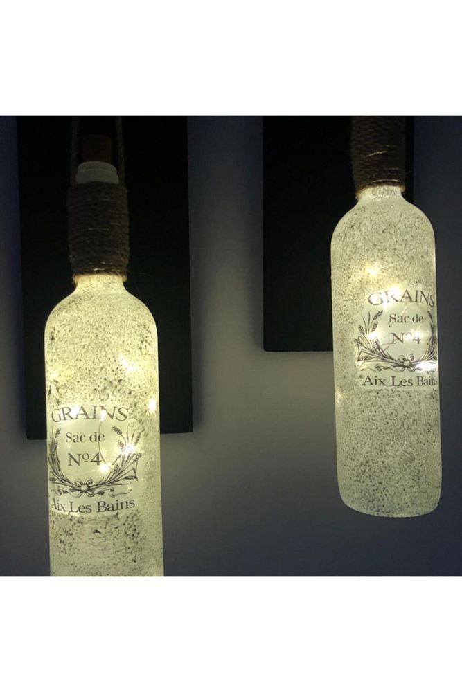 Led Işıklı Siyah Renkli Özel Buzlu Cam Şarap Şişesi Duvar Aplik 2'li Set