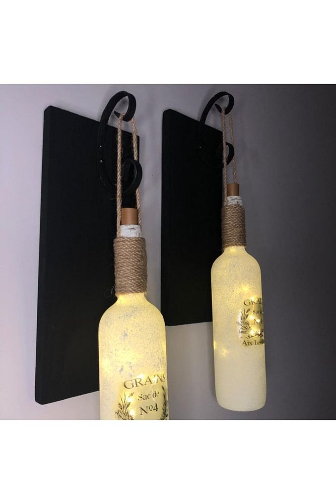 Led Işıklı Siyah Renkli Özel Buzlu Cam Şarap Şişesi Duvar Aplik 2'li Set