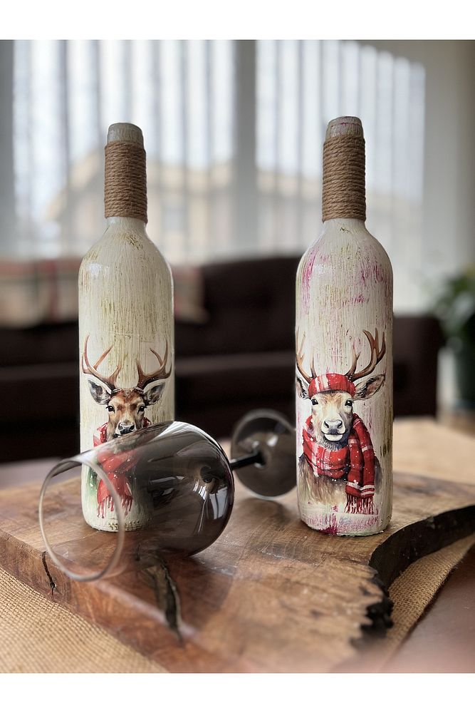 Yılbaşı Dekoru, Yeniyıl Hediyesi, Geyikli Noel Süsleri, Şarap Şişesi Dekoru, Yılbaşı Masası Süsleri