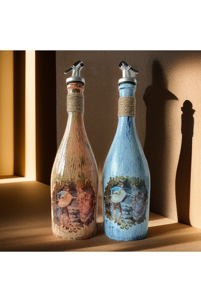 Özel Tasarım Desenli Sunum Stantlı 2'li 750 ml Zeytinyağı Sıvıyağ Şişesi Yağdanlık Yağlık