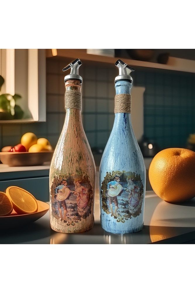 Özel Tasarım Desenli Sunum Stantlı 2'li 750 ml Zeytinyağı Sıvıyağ Şişesi Yağdanlık Yağlık