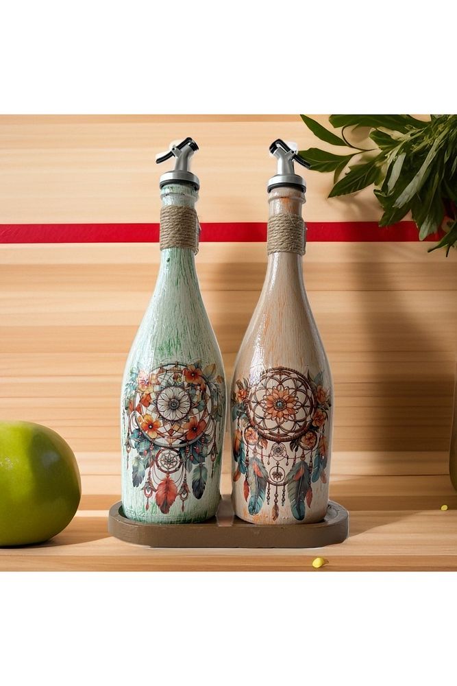 Özel Tasarım Düşkapanı Desenli Sunum Stantlı 2'li 750 ml Zeytinyağı Sıvıyağ Şişesi Yağdanlık Yağlık