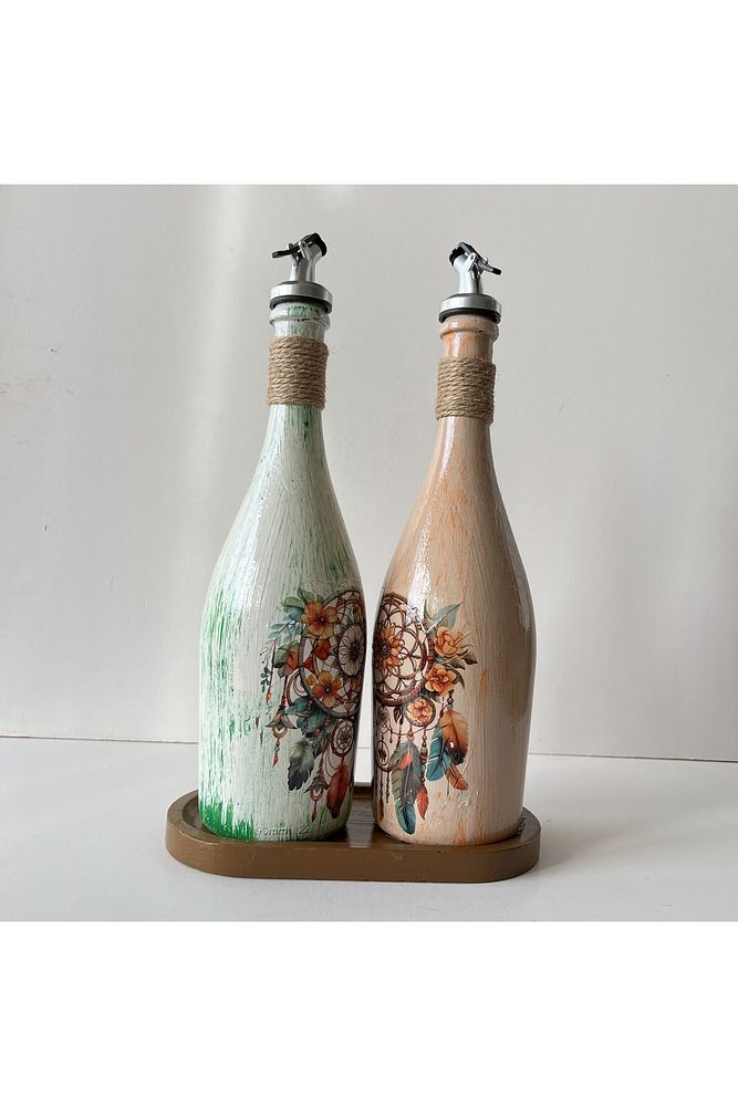 Özel Tasarım Düşkapanı Desenli Sunum Stantlı 2'li 750 ml Zeytinyağı Sıvıyağ Şişesi Yağdanlık Yağlık