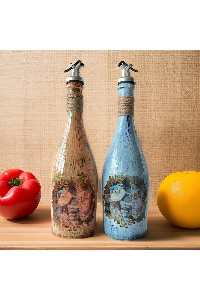 Özel Tasarım Desenli Sunum Stantlı 2'li 750 ml Zeytinyağı Sıvıyağ Şişesi Yağdanlık Yağlık