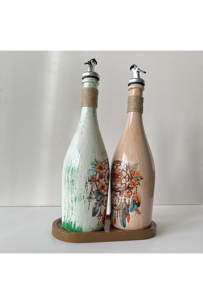 Özel Tasarım Düşkapanı Desenli Sunum Stantlı 2'li 750 ml Zeytinyağı Sıvıyağ Şişesi Yağdanlık Yağlık