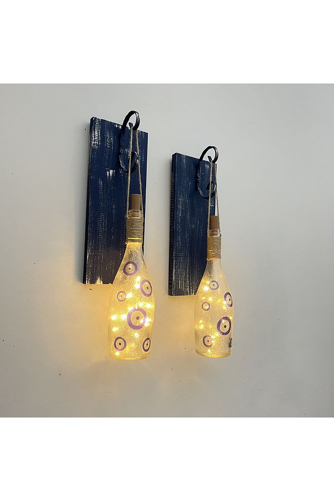 Nazar Boncuklu Peri LED Işıklı Ahşap Panel Ferforje Aplik – Vintage & Mistik Ev Dekorasyonu