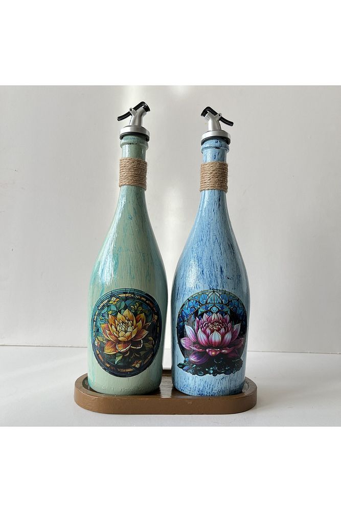 Özel Tasarım Lotus Çiçeği Desenli Sunum Stantlı 2'li 750 ml Zeytinyağı Sıvıyağ Şişesi Yağdanlık