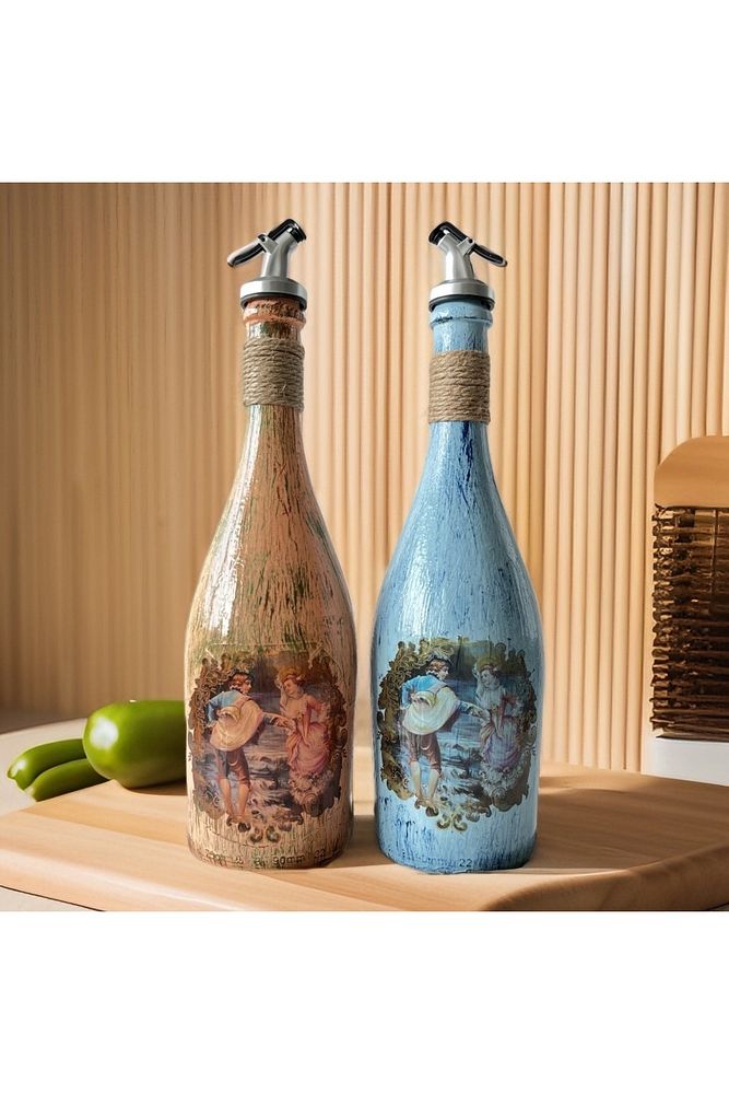Özel Tasarım Desenli Sunum Stantlı 2'li 750 ml Zeytinyağı Sıvıyağ Şişesi Yağdanlık Yağlık
