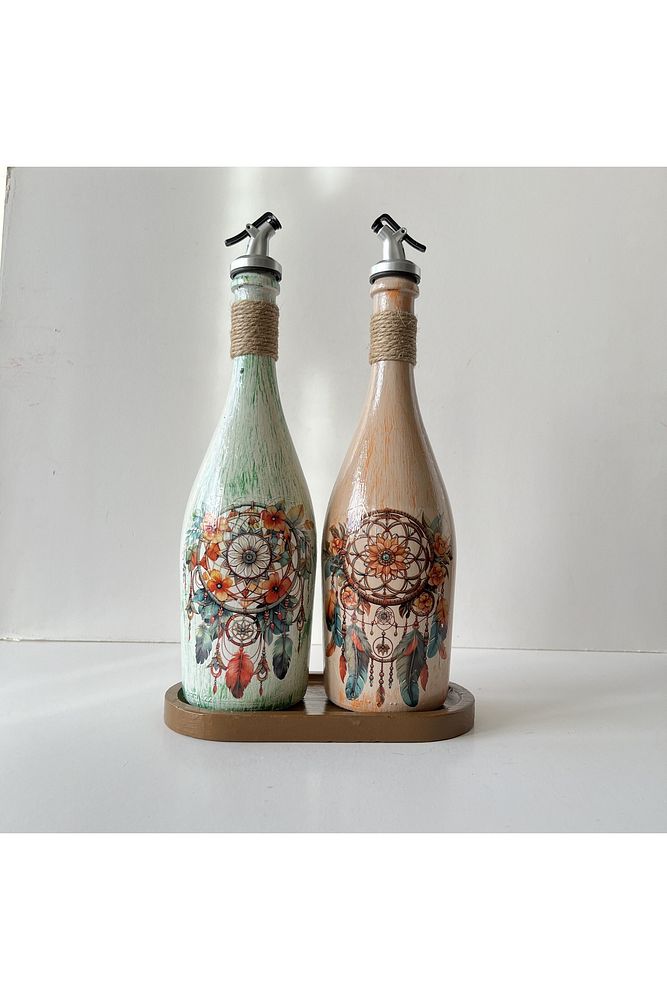 Özel Tasarım Düşkapanı Desenli Sunum Stantlı 2'li 750 ml Zeytinyağı Sıvıyağ Şişesi Yağdanlık Yağlık