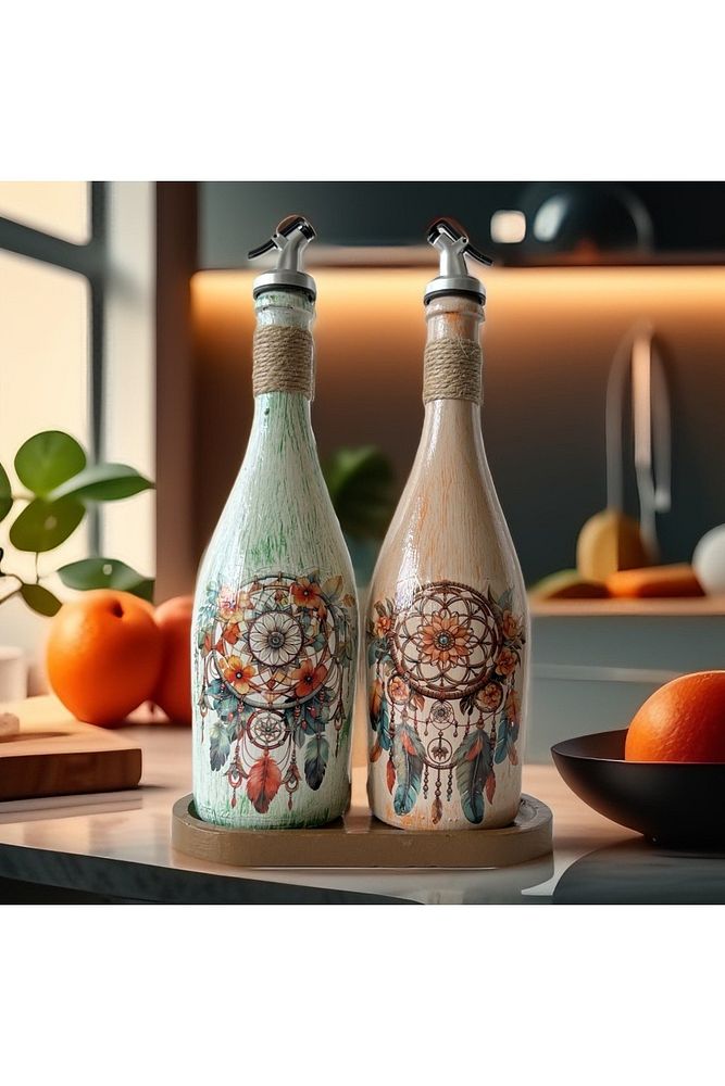 Özel Tasarım Düşkapanı Desenli Sunum Stantlı 2'li 750 ml Zeytinyağı Sıvıyağ Şişesi Yağdanlık Yağlık