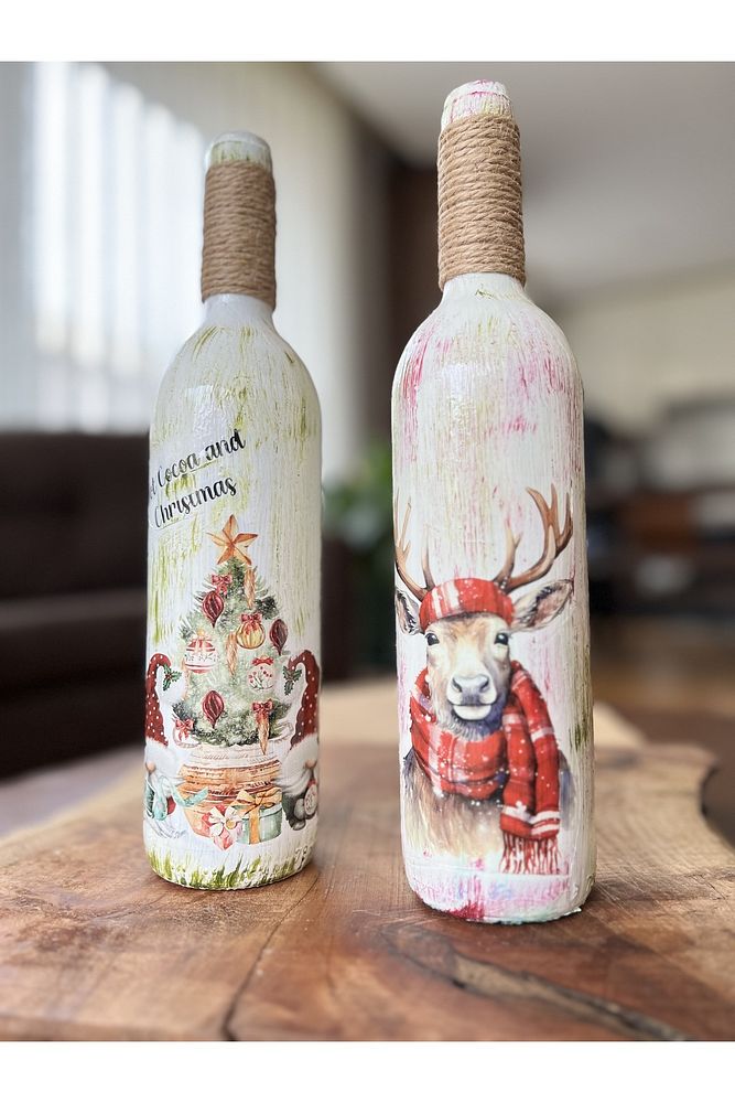 Yılbaşı Dekoru, Yeniyıl Hediyesi, Geyikli Noel Süsleri, Şarap Şişesi Dekoru, Yılbaşı Masası Süsleri
