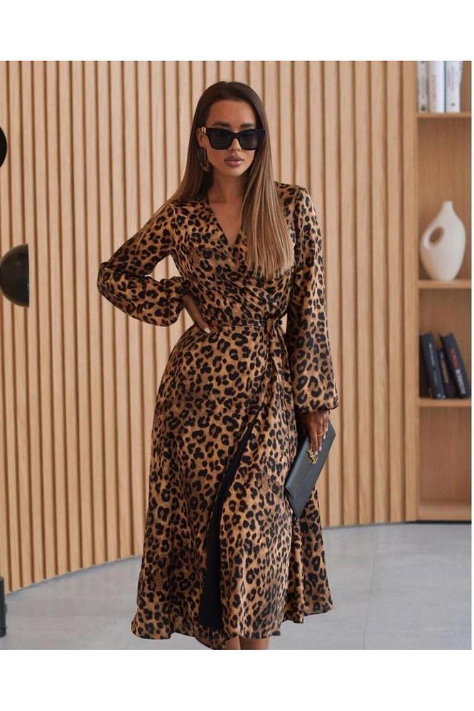 Leopar Desen Anvelop Elbise Karışık Renkli-L