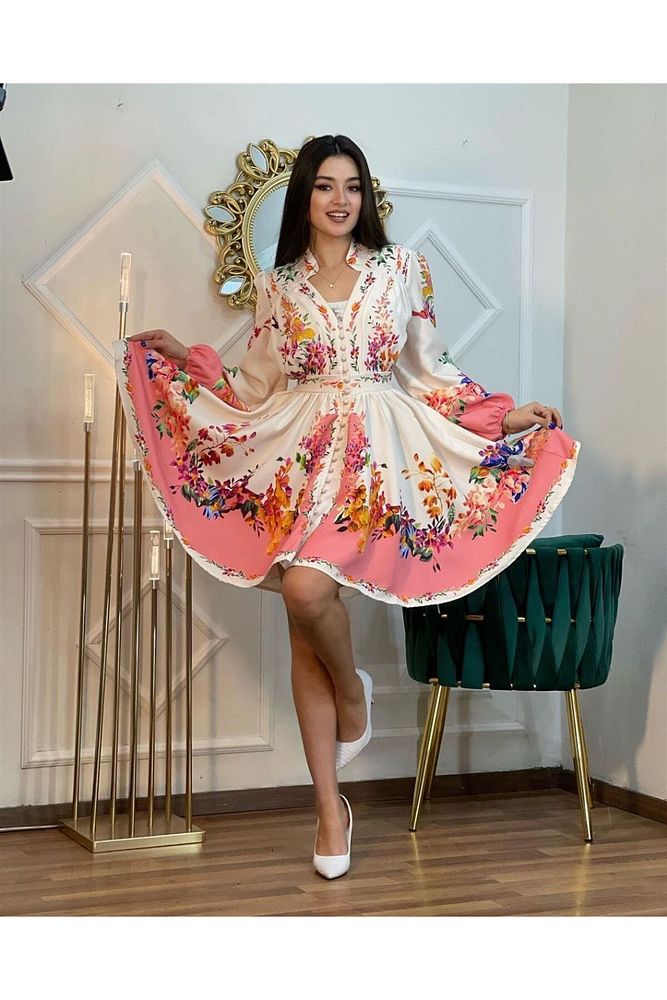 Atlas Kumaş Pembe Çiçekli Elbise Karışık Renkli-S