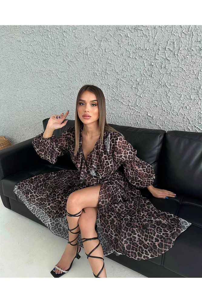 Şifon Kemerli Leopar Elbise Karışık Renkli-M