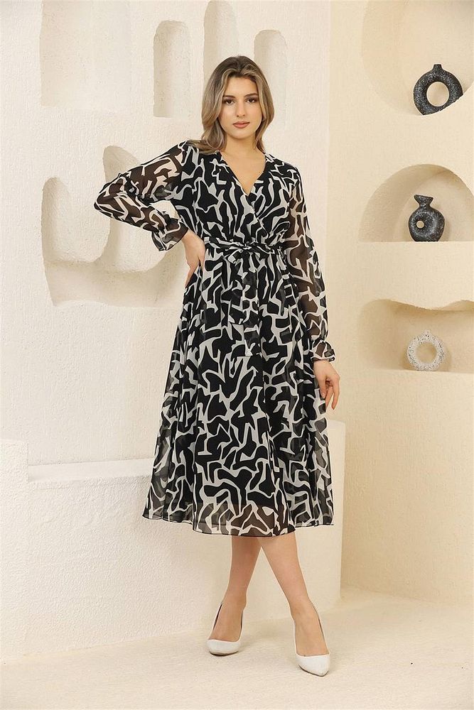 Zebra Desenli Şifon Elbise Karışık Renkli-M