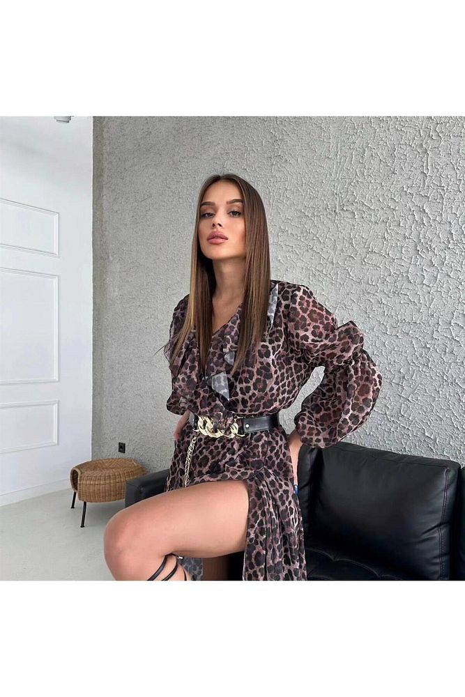 Şifon Kemerli Leopar Elbise Karışık Renkli-M
