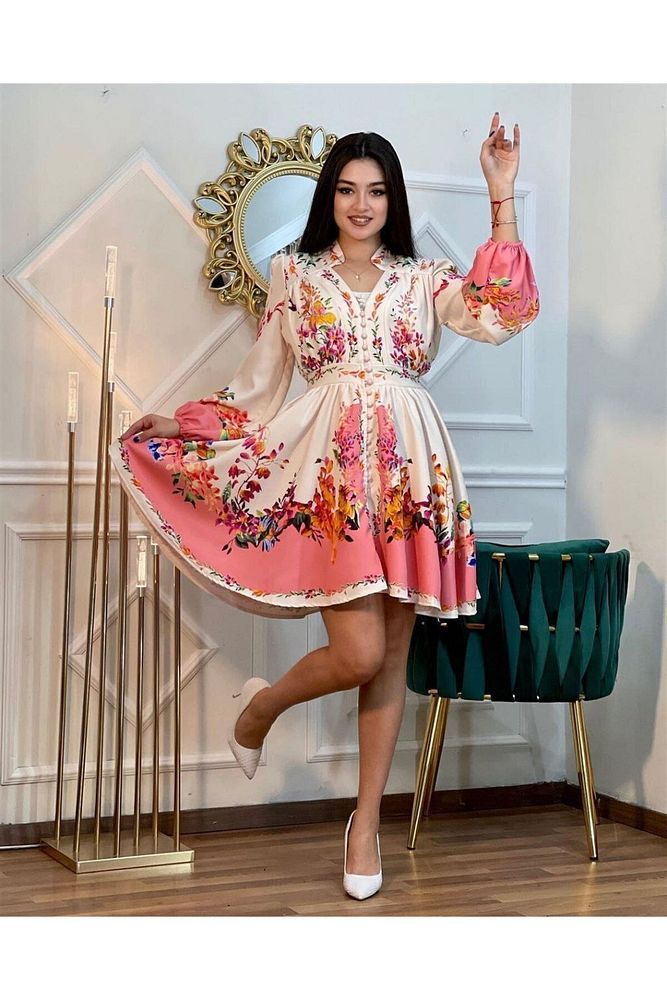 Atlas Kumaş Pembe Çiçekli Elbise Karışık Renkli-S