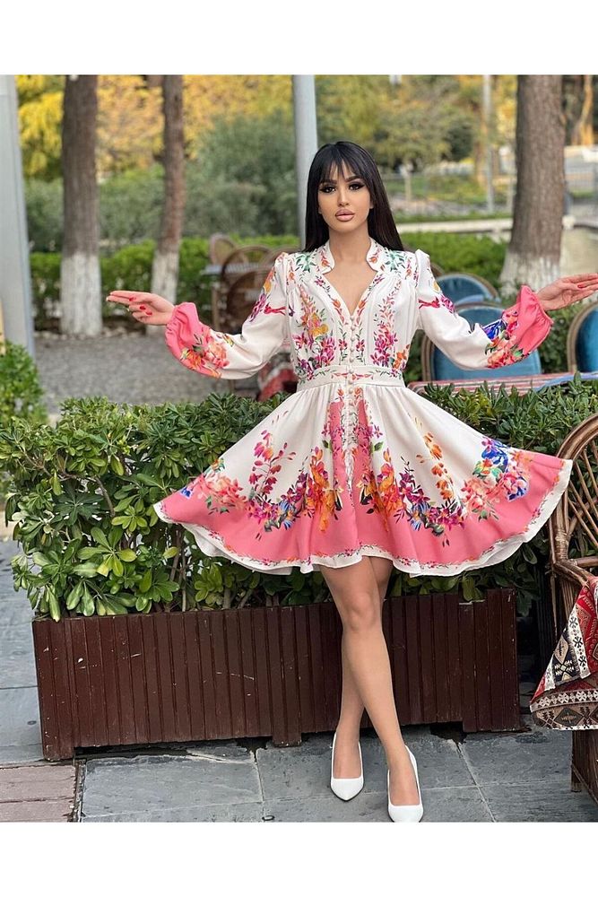 Atlas Kumaş Pembe Çiçekli Elbise Karışık Renkli-S