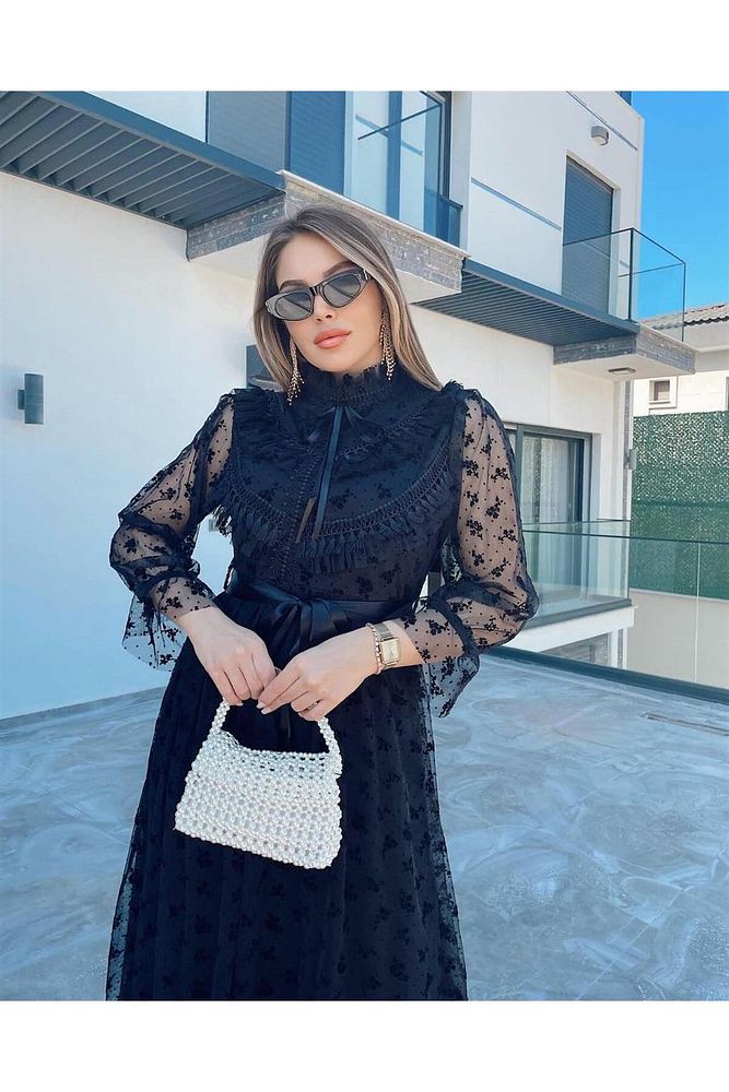 Püskül Detaylı Siyah Abiye Elbise Siyah-S