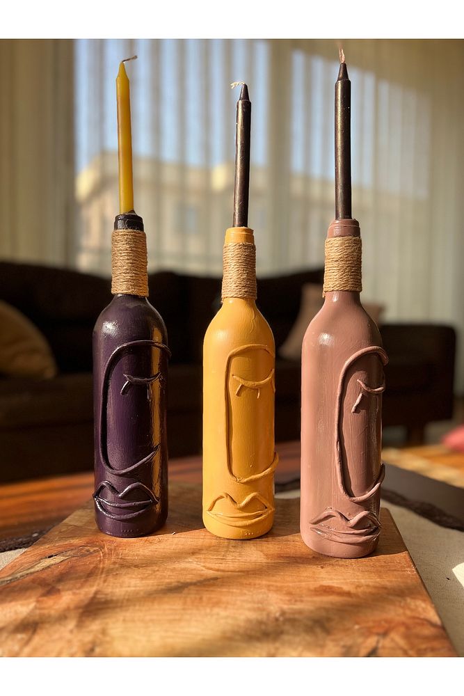 El Yapımı Cam Şarap Şişesi Dekorasyonları 3'lü Set, Soyut Desenli Şişeler, Ev dekoru, Bar dekoru