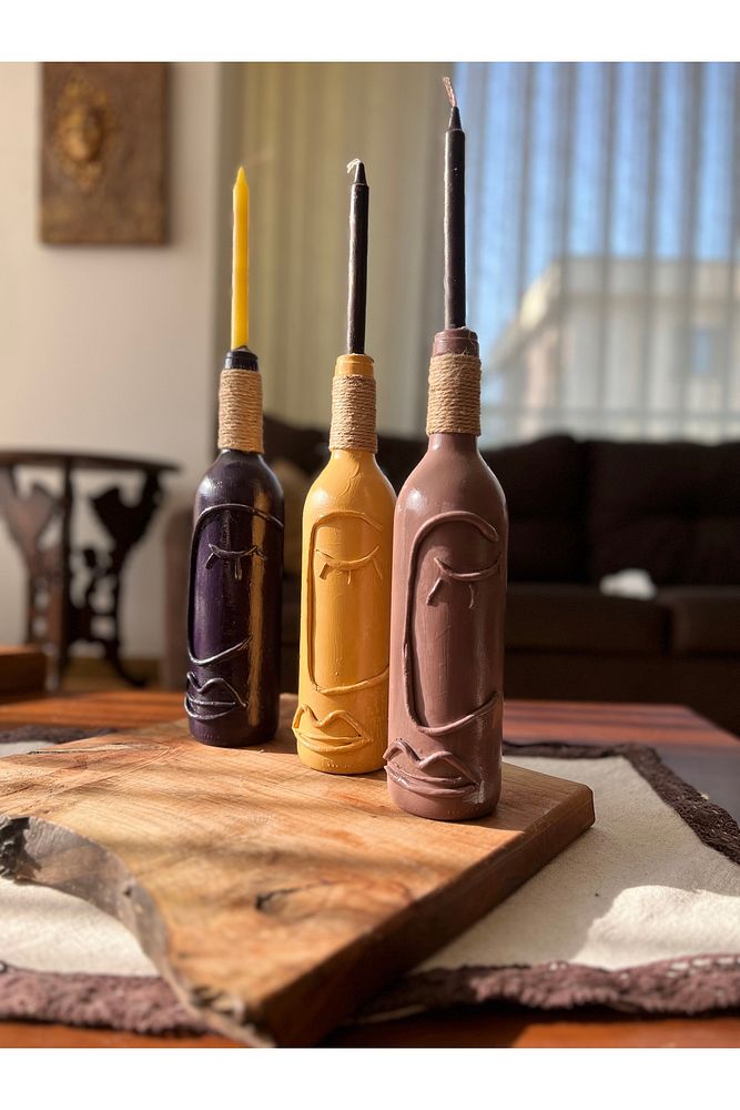 El Yapımı Cam Şarap Şişesi Dekorasyonları 3'lü Set, Soyut Desenli Şişeler, Ev dekoru, Bar dekoru
