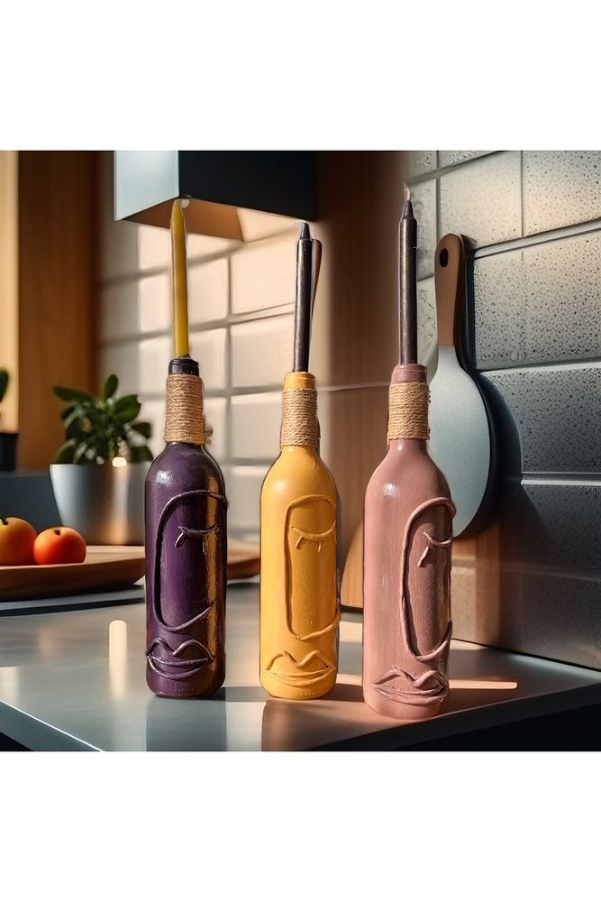 El Yapımı Cam Şarap Şişesi Dekorasyonları 3'lü Set, Soyut Desenli Şişeler, Ev dekoru, Bar dekoru