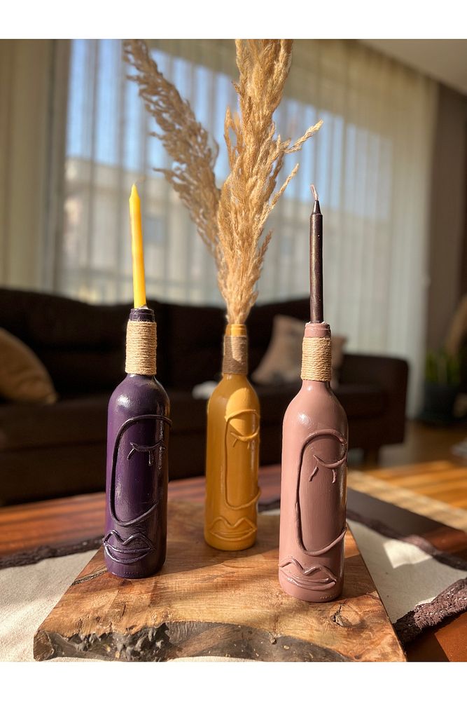 El Yapımı Cam Şarap Şişesi Dekorasyonları 3'lü Set, Soyut Desenli Şişeler, Ev dekoru, Bar dekoru
