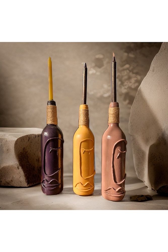 El Yapımı Cam Şarap Şişesi Dekorasyonları 3'lü Set, Soyut Desenli Şişeler, Ev dekoru, Bar dekoru