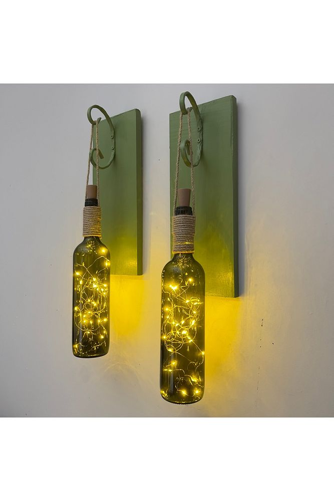 Led Işıklı Yeşil Ahşap Renkli Retro Şarap Şişesi Duvar Aplik 2'li Set