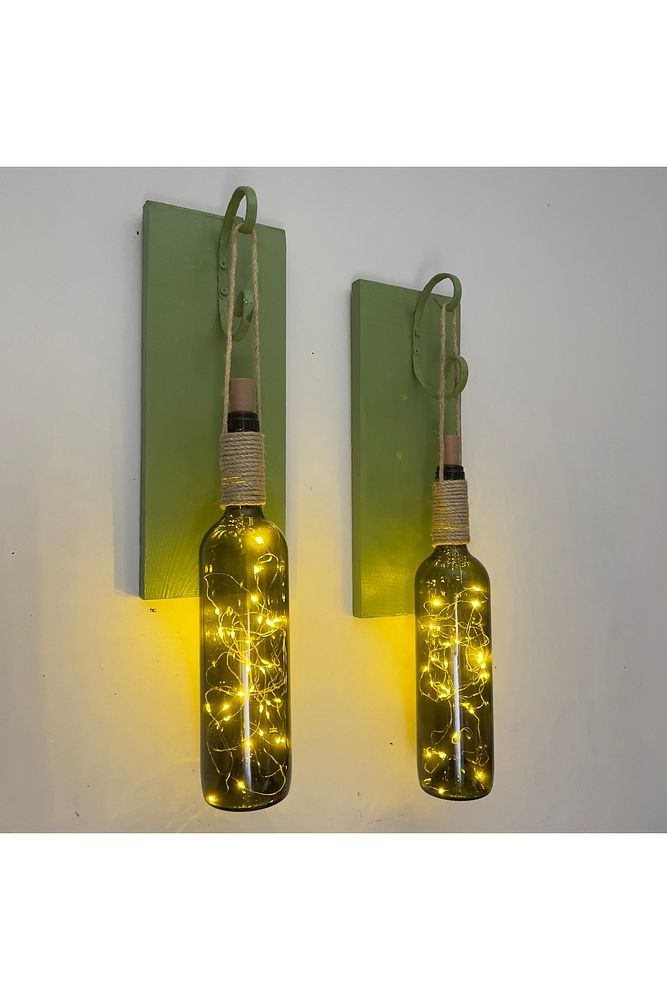 Led Işıklı Yeşil Ahşap Renkli Retro Şarap Şişesi Duvar Aplik 2'li Set