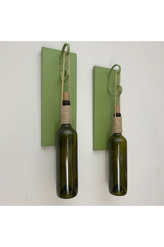 Led Işıklı Yeşil Ahşap Renkli Retro Şarap Şişesi Duvar Aplik 2'li Set