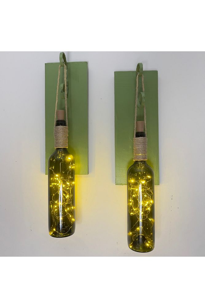 Led Işıklı Yeşil Ahşap Renkli Retro Şarap Şişesi Duvar Aplik 2'li Set