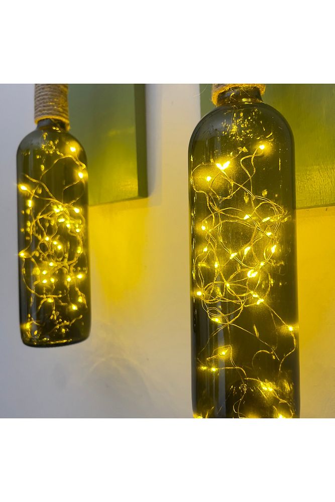 Led Işıklı Yeşil Ahşap Renkli Retro Şarap Şişesi Duvar Aplik 2'li Set