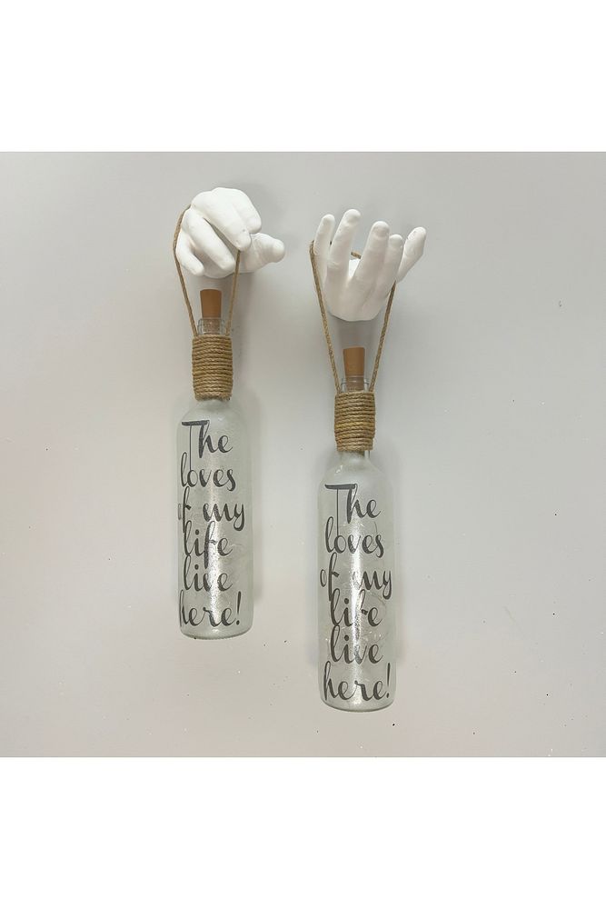 El Heykel Dekorlu Buzlu Cam Şarap Şişesi Pilli Tıpa Peri Led Işıklı Aplik 2'li Set, duvar dekoru