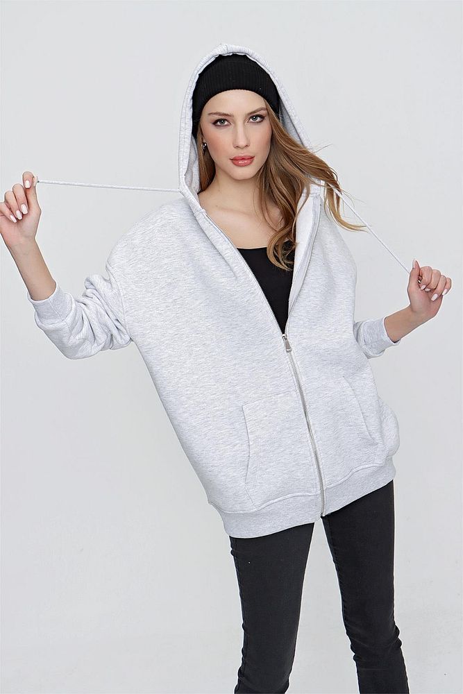 Kadın 3 İplik Şardonlu Fermuarlı Kapüşonlu Sweatshirt