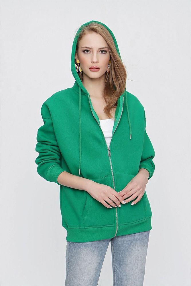 Kadın 3 İplik Şardonlu Fermuarlı Kapüşonlu Sweatshirt