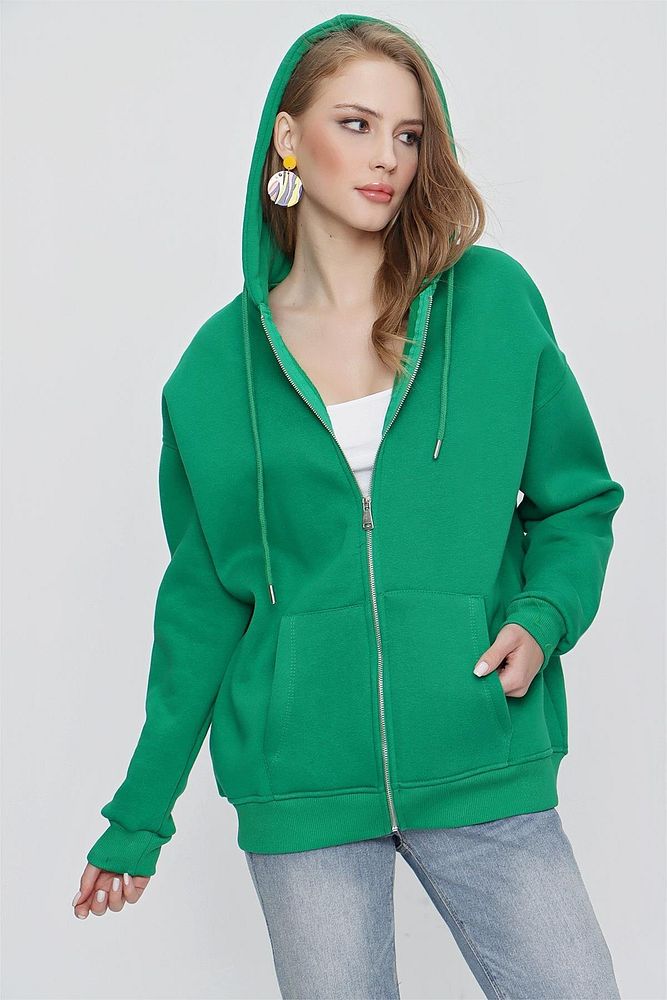 Kadın 3 İplik Şardonlu Fermuarlı Kapüşonlu Sweatshirt
