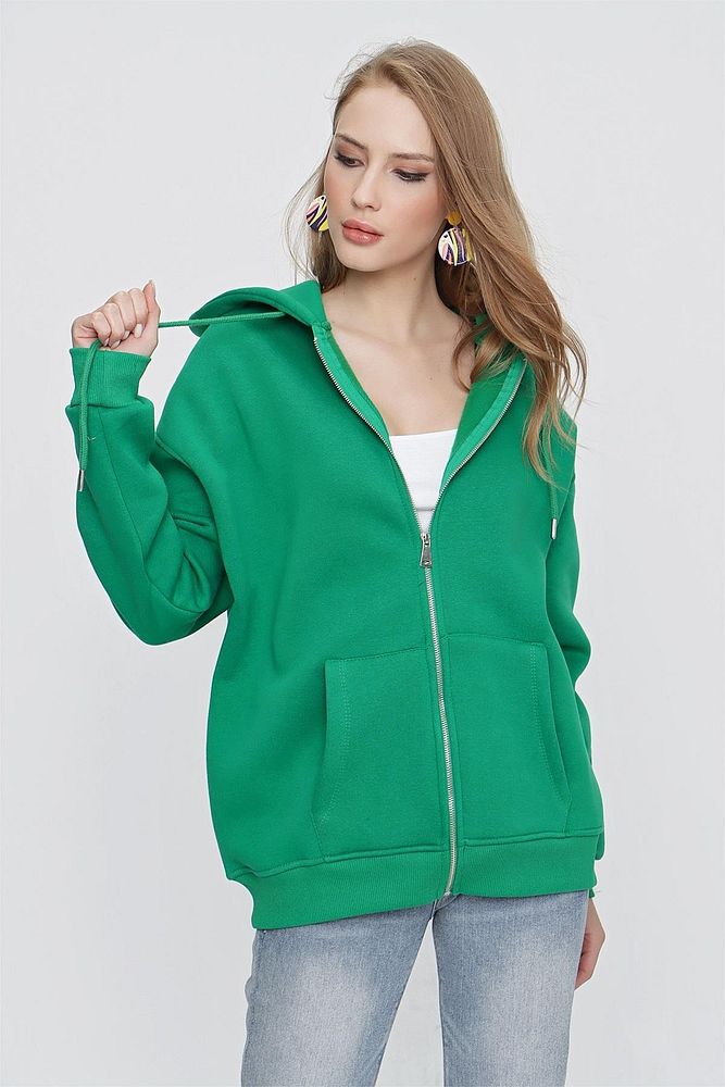 Kadın 3 İplik Şardonlu Fermuarlı Kapüşonlu Sweatshirt