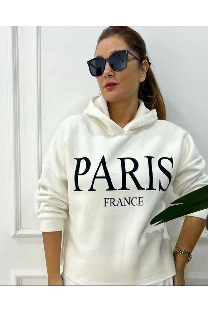 Kadın Ekru Oversize Kapüşonlu Paris Yazı Bakılı 2 Iplik Şardonlu Sweatshirt