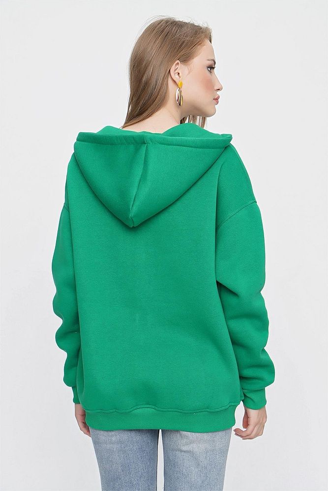 Kadın 3 İplik Şardonlu Fermuarlı Kapüşonlu Sweatshirt