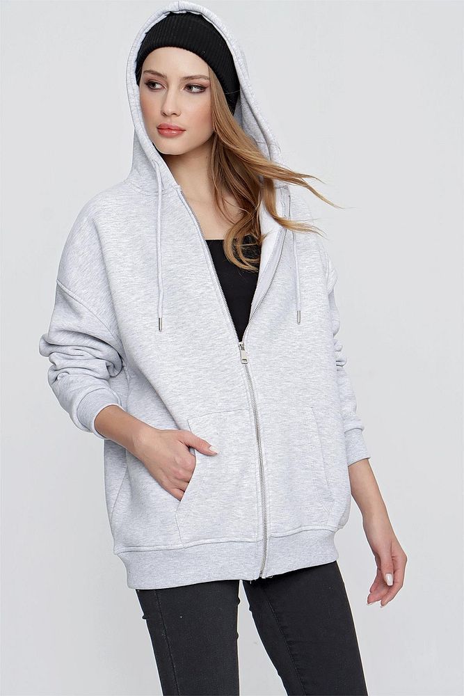 Kadın 3 İplik Şardonlu Fermuarlı Kapüşonlu Sweatshirt