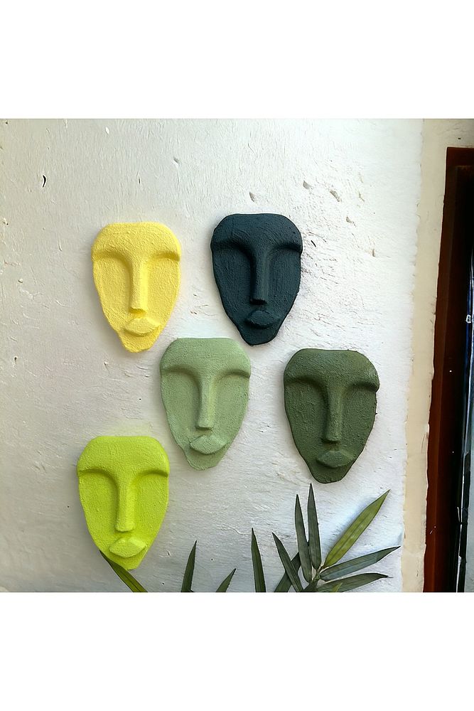El Yapımı Taş Heykel Soyut Yüz Maske 5'li Set, Modern Yeşil Renkli Soyut Duvar Dekoru