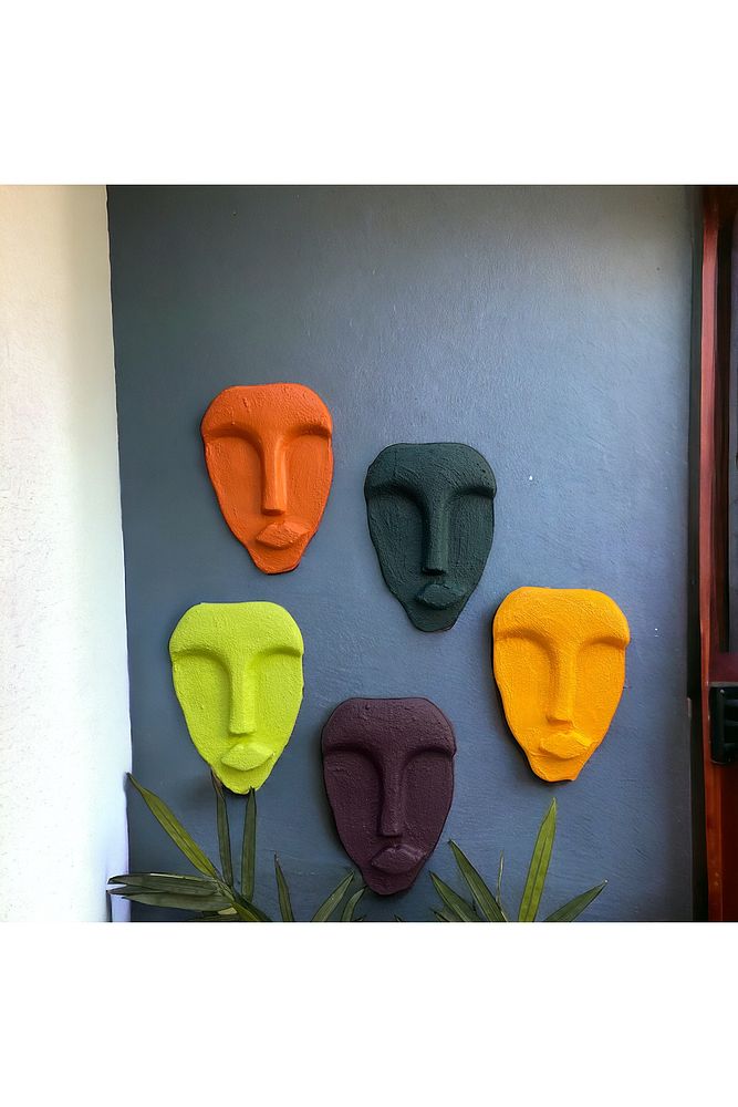 El Yapımı Taş Heykel Soyut Yüz Maske 5'li Set, Modern Yeşil, Mor Renkli Soyut Duvar Dekoru