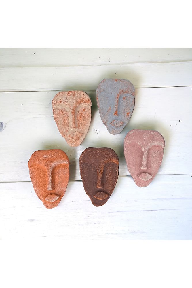 El Yapımı Taş Heykel Soyut Yüz Maske 5'li Set, Modern Eskitme Soyut Duvar Dekoru