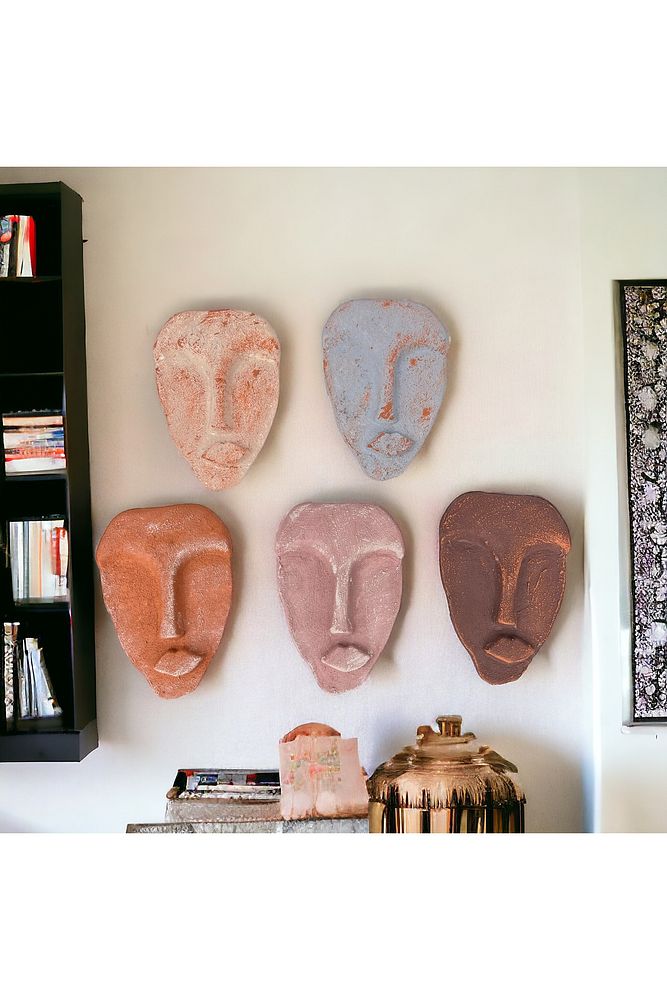 El Yapımı Taş Heykel Soyut Yüz Maske 5'li Set, Modern Eskitme Soyut Duvar Dekoru