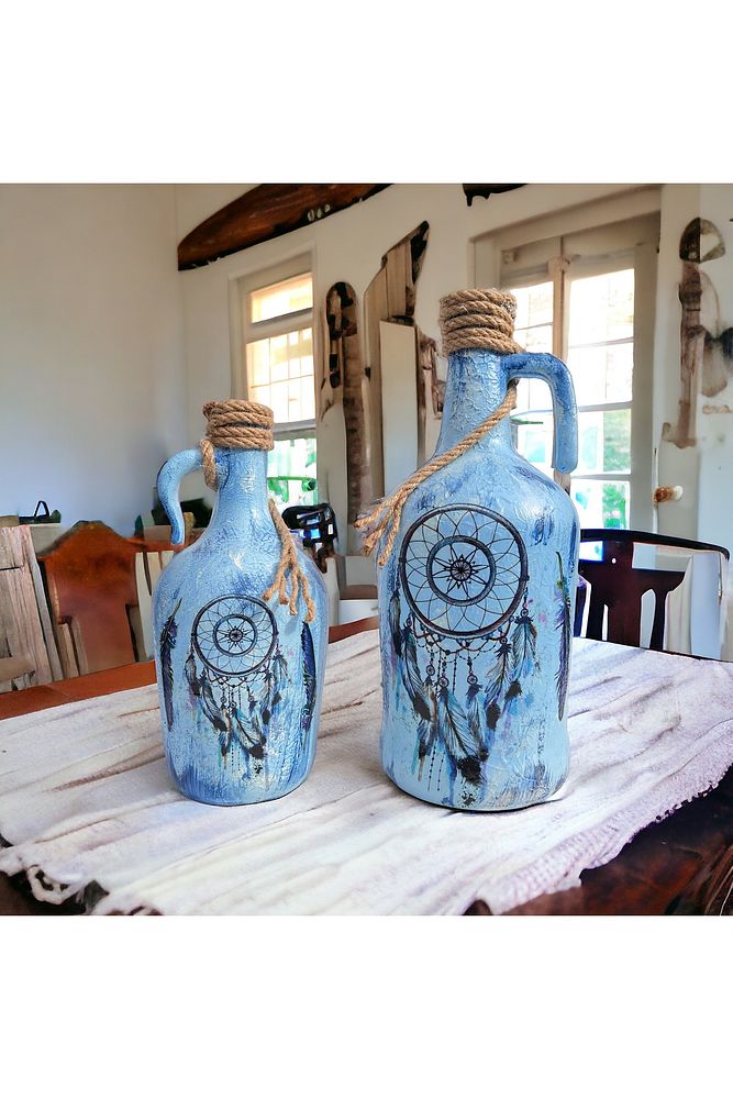 Dreamcatcher Düşkapanı Özel Pigment Boyalı Mavi Dekoratif Damacana Şişeler 2'li Set