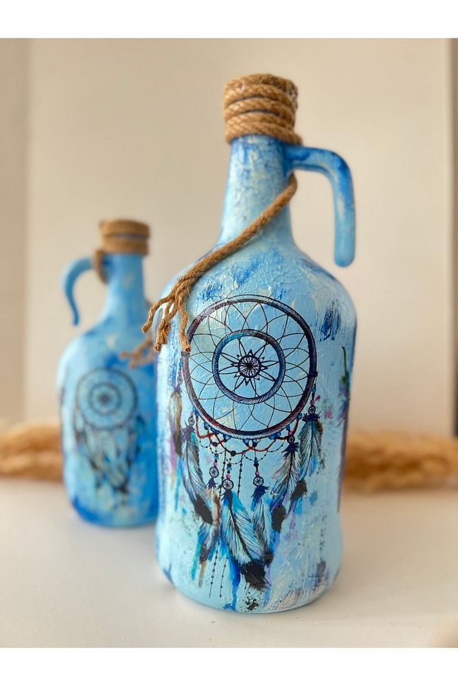 Dreamcatcher Düşkapanı Özel Pigment Boyalı Mavi Dekoratif Damacana Şişeler 2'li Set