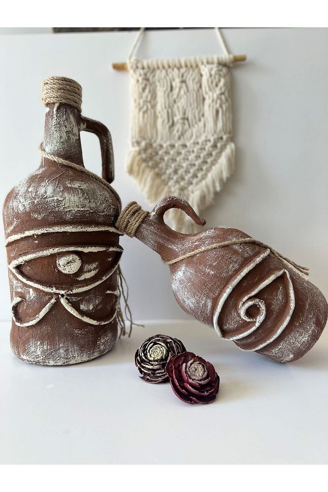 Horus'un Gözü Özel Pigment Boyalı Terakota Dekoratif Damacana Şişeler 2'li Set