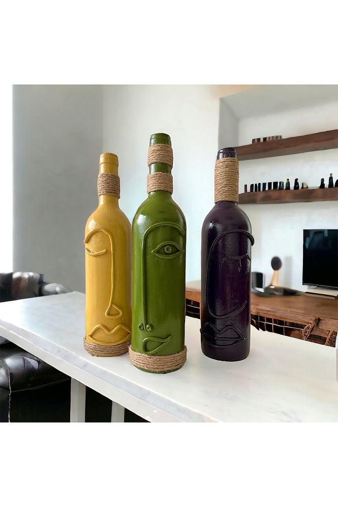 El Yapımı Dekoratif Vazo Şamdan Şarap Şişeleri 3'lü Set